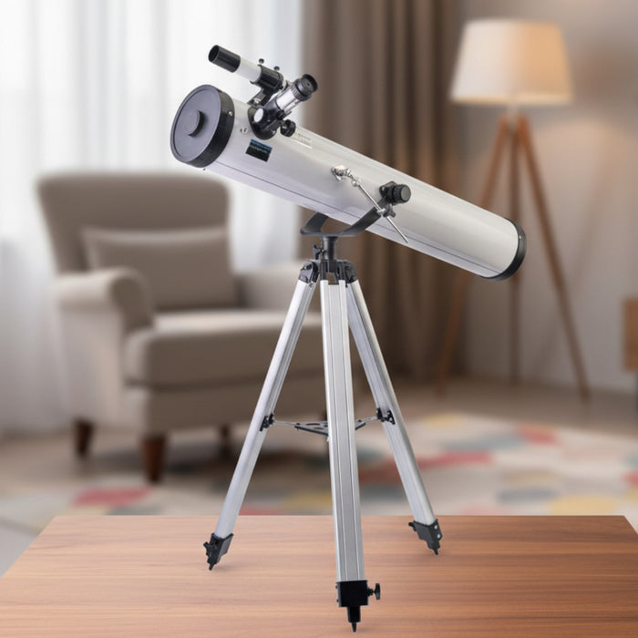 Telescope with tripod on a white background