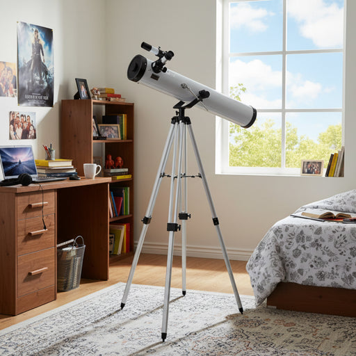 Telescope on a tripod with a white background