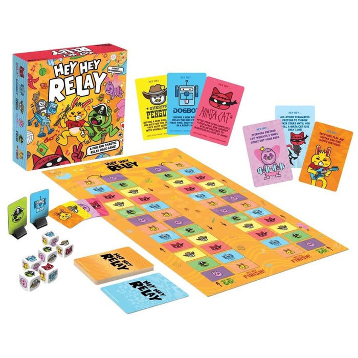 Board game set with colorful cards and a game board on a white background