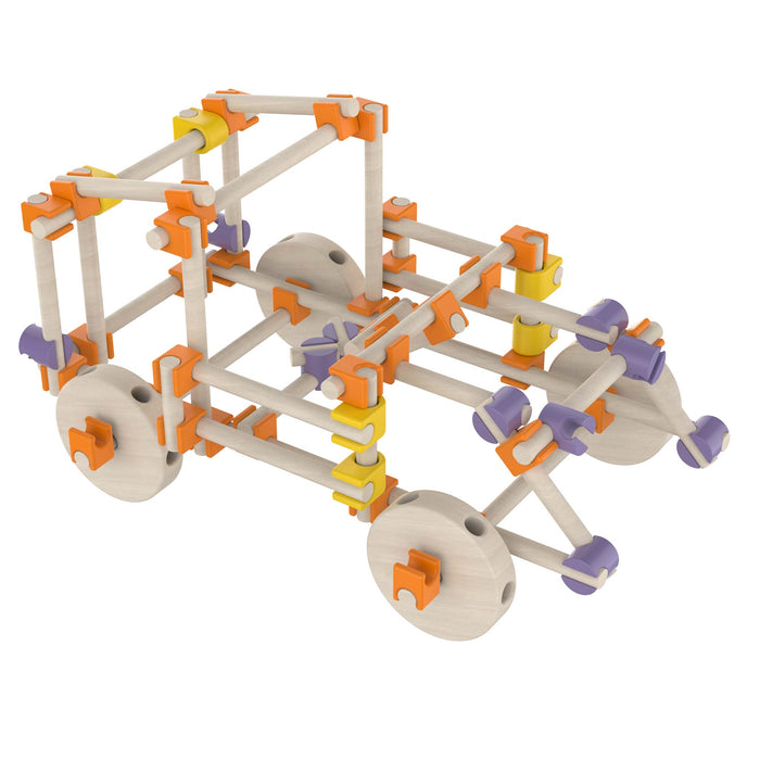 Beaver Vehicles 60-piece collection Wooden mechanical model with colorful connectors on a white background