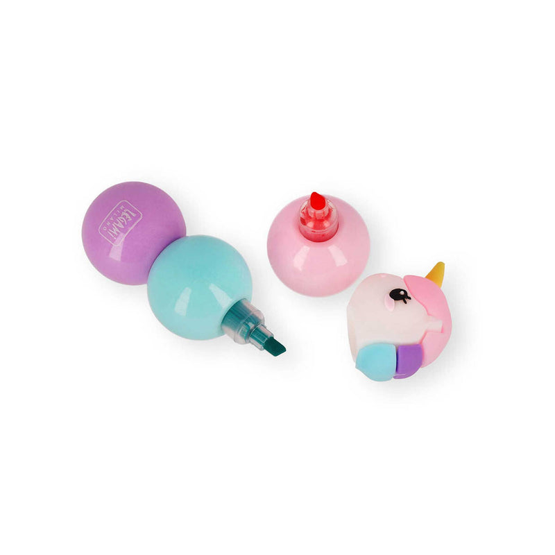 3 in 1 Highlighter Unicorn shaped toy with a pink and blue design in a clear packaging box on a white background
