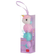 Unicorn-shaped toy with a pink and blue design in a clear packaging box on a white background