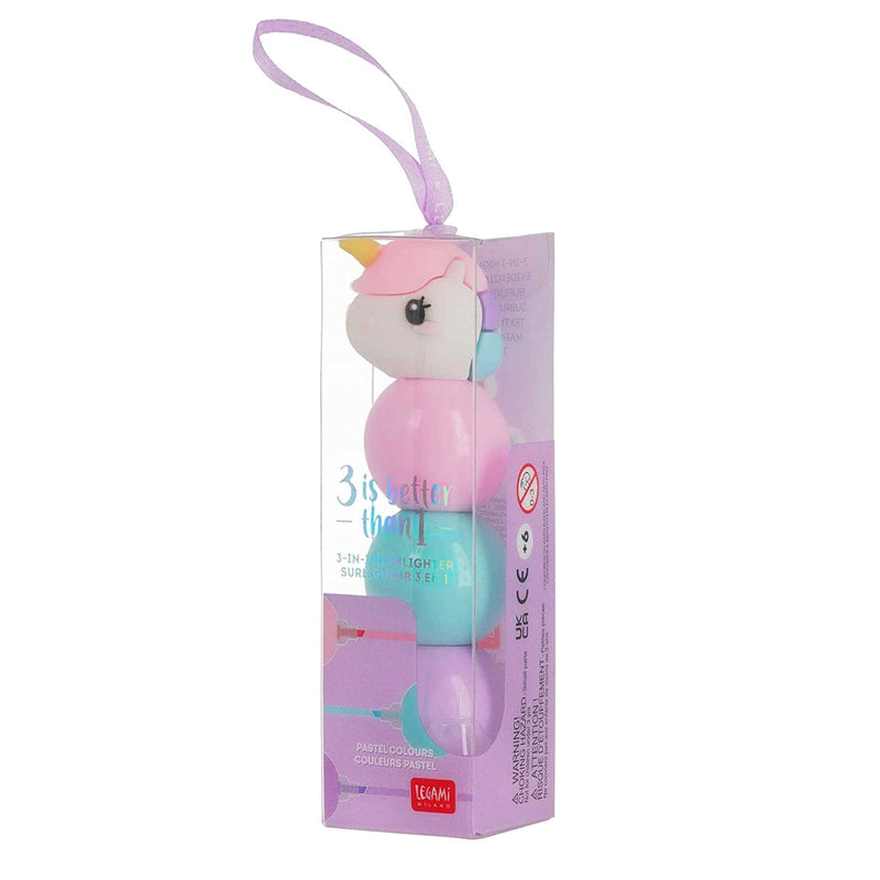 Unicorn-shaped toy with a pink and blue design in a clear packaging box on a white background