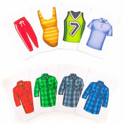 Set of colorful clothing items including pants, a swimsuit, and shirts on a white background