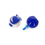 Two blue and white earbud tips on a white background
