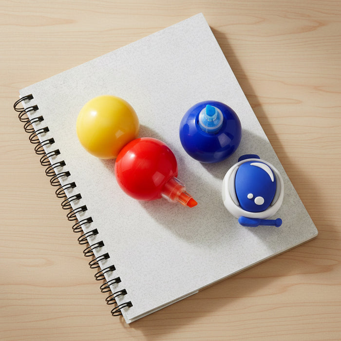 Colorful ball-shaped markers on a notebook with a wooden surface background