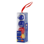 Blue and red product in a box with a red ribbon on a white background
