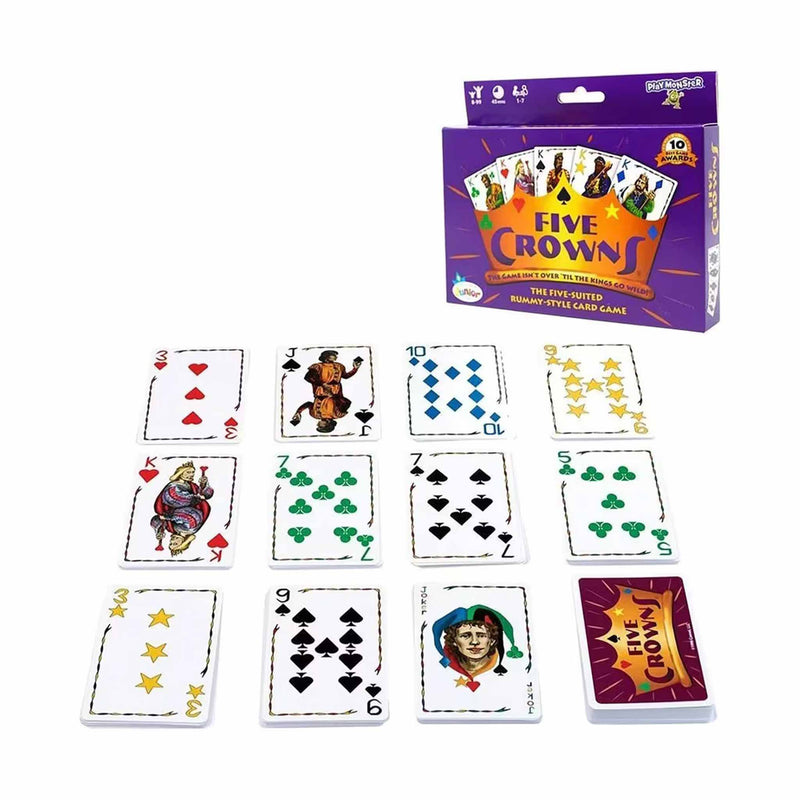 Set of playing cards with 'Five Crowns' branding on a white background