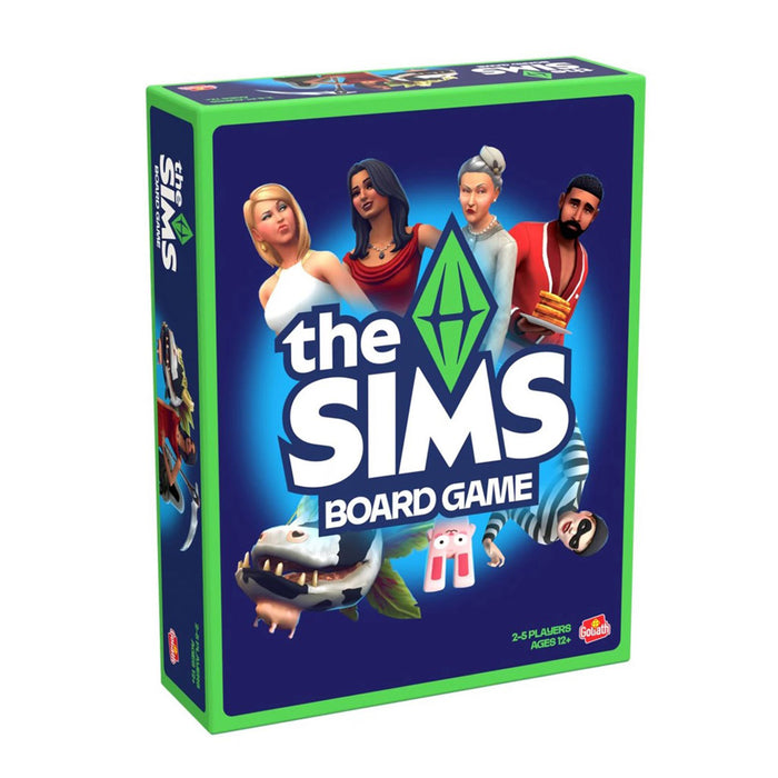 The Sims board game box with characters and logo on a white background