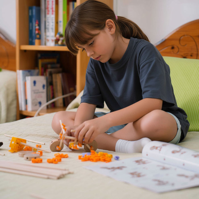 A young girl with brown hair in a ponytail sits cross-legged on a bed, building a wooden toy car with orange and beige plastic connectors. She is wearing a dark slate blue t-shirt and shorts, with a bookshelf in the background.