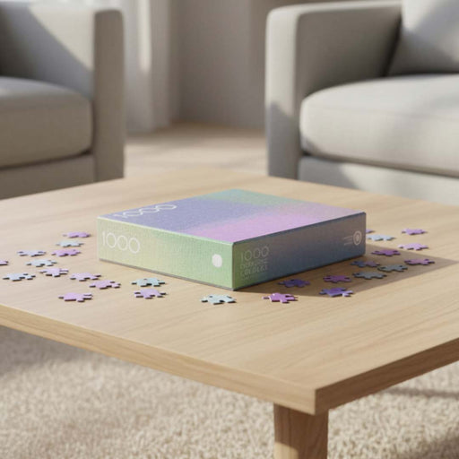 A 1000-piece jigsaw puzzle box sits on a light wood coffee table, surrounded by scattered puzzle pieces in a softly blurred living room setting with beige sofas in the background.