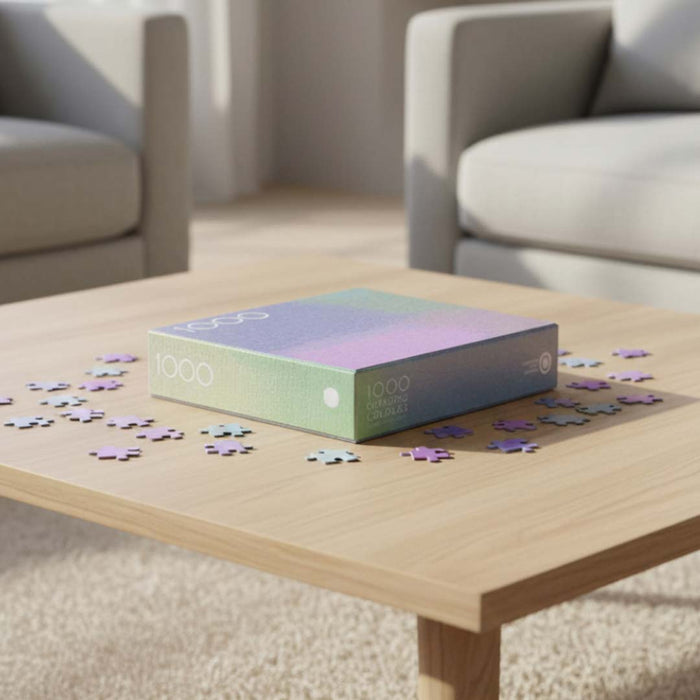 A 1000-piece jigsaw puzzle box sits on a light wood coffee table, surrounded by scattered puzzle pieces in a softly blurred living room setting with beige sofas in the background.