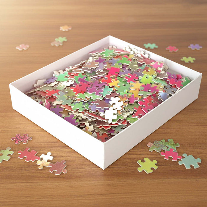 A white box filled with multicolored jigsaw puzzle pieces on a wooden tabletop, with a few pieces scattered around the box.