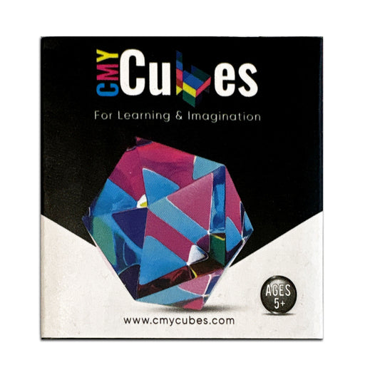 CMYCubes learning toy box set, featuring a colorful geometric cube on a black and white background with the text 'For Learning & Imagination' and 'AGES 5+'.