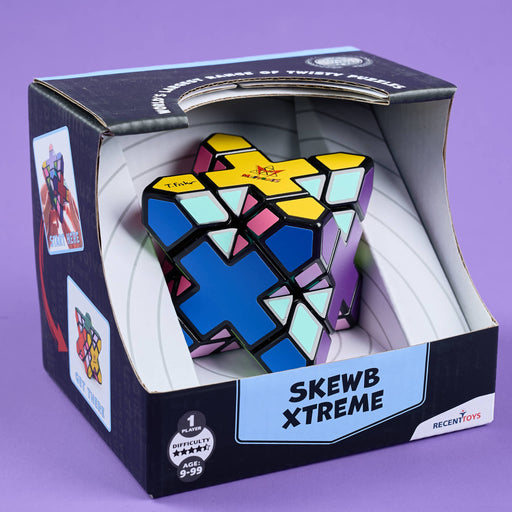 Skewb Xtreme puzzle toy in open packaging on a purple background