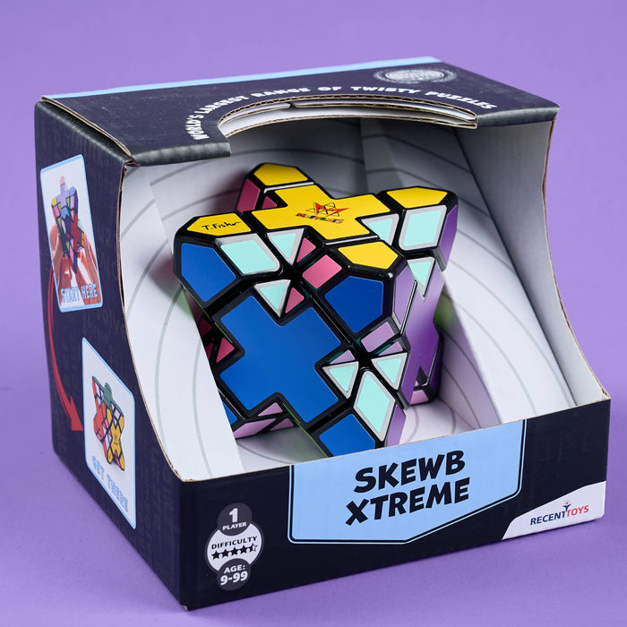 Skewb Xtreme puzzle toy in open packaging on a purple background
