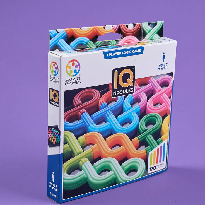 IQ Noodles packaging by Smart Games on a purple background