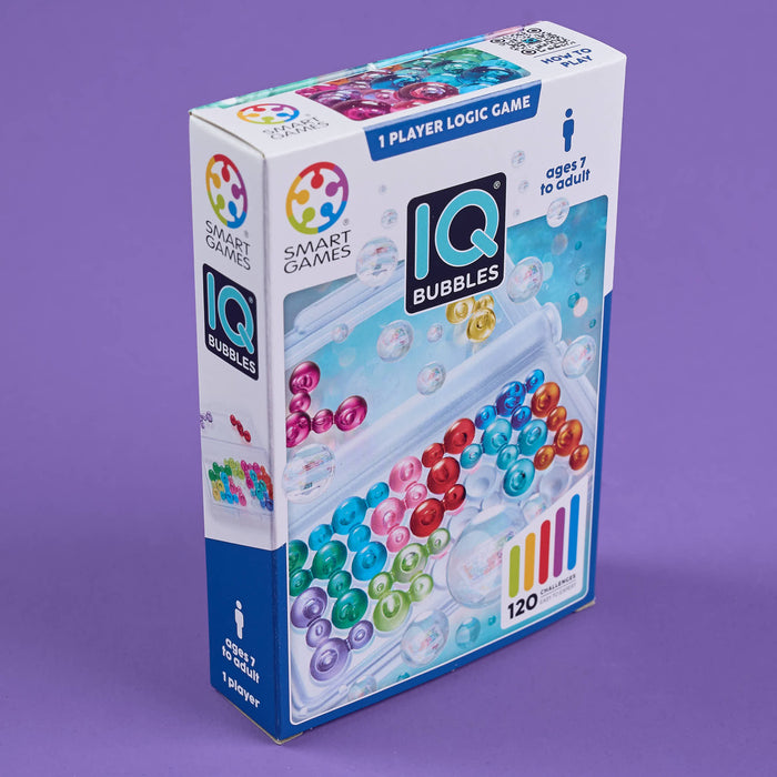 IQ Bubbles game box by Smart Games on a purple background