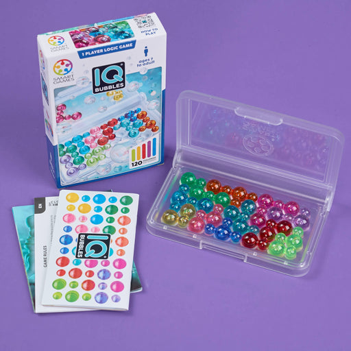 IQ Bubbles game set with packaging and colorful beads on a purple background