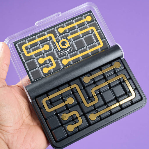Hand holding a black and gold electronic component set with 'IQ Circuit' branding on a purple background