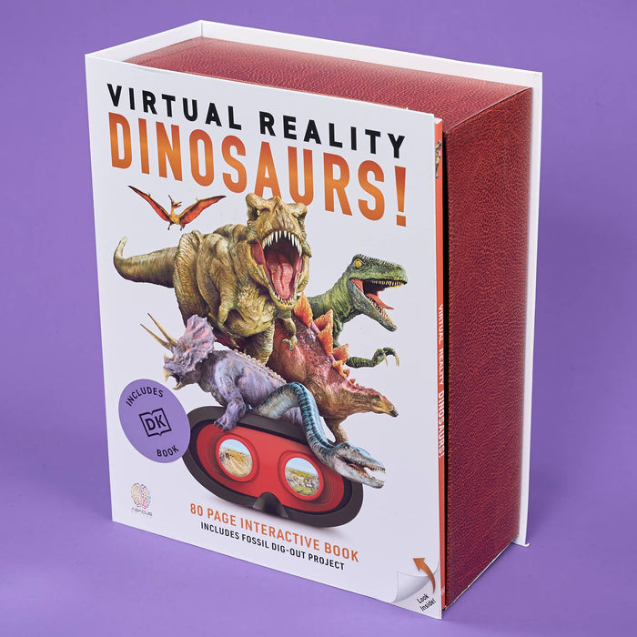 Book titled 'Virtual Reality Dinosaurs!' with dinosaur illustrations on a purple background