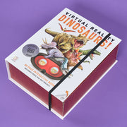 Box for 'Virtual Reality Dinosaurs!' book with dinosaur illustration and VR headset on purple background