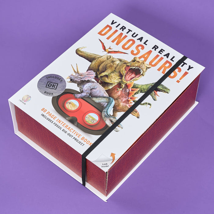 Box for 'Virtual Reality Dinosaurs!' book with dinosaur illustration and VR headset on purple background
