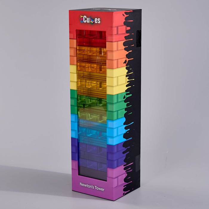 A tall rectangular display box for the CMY Cubes toy set, featuring a rainbow-colored stack of translucent cube-shaped compartments on the front, with a black side panel and the words "CMY Cubes" and 'Newton's Tower' visible.