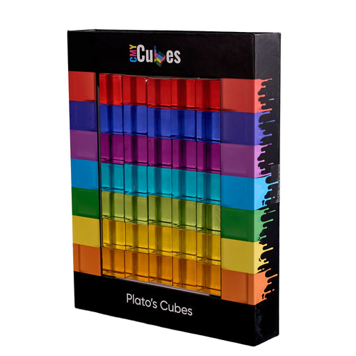 A boxed set of plato's Cubes translucent plastic cubes in rainbow colors, shown in retail packaging with a black front and side panel. The top of the box reads 'Crazy Cubes' and the bottom reads 'Plato's Cubes.