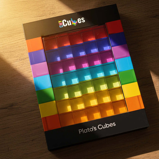 Plato's Cubes educational toy set in its black retail packaging, displayed diagonally on a wooden surface with warm sunlight and shadows.