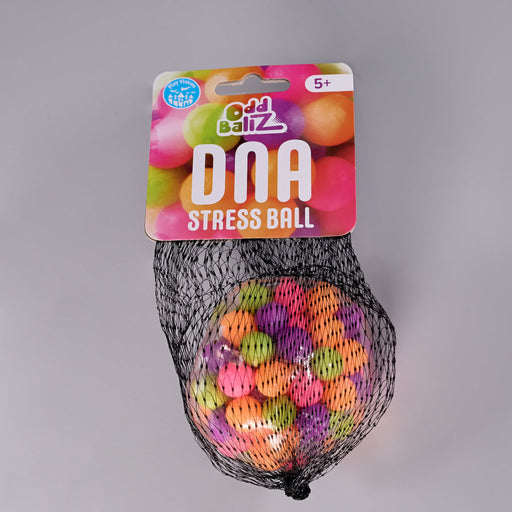 Odd Ballz DNA Stress Ball in a black mesh bag with a colorful retail header card, photographed against a plain light gray background.