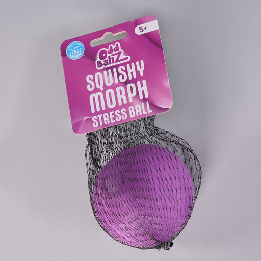 Odd Ballz Squishy Morph Stress Ball in a black mesh bag with a bright purple twist-up ball, on a light gray background.
