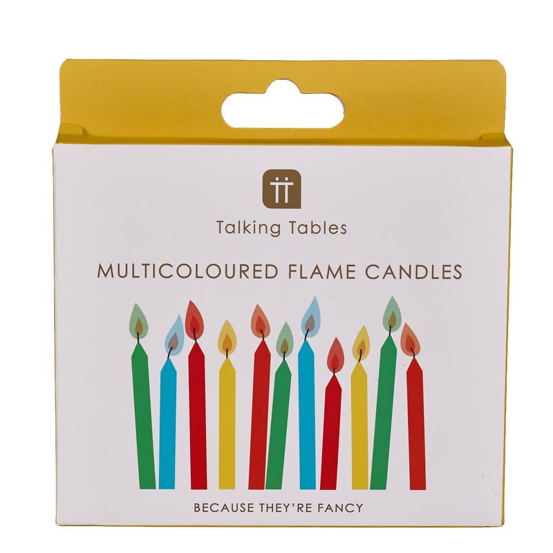Talking Tables brand packaging for 'Multicoloured Flame Candles' featuring a white box with a yellow top flap, printed with colorful candle illustrations and the brand name.