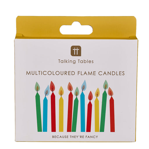 Talking Tables brand packaging for 'Multicoloured Flame Candles' featuring a white box with a yellow top flap, printed with colorful candle illustrations and the brand name.