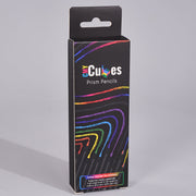 A black retail box for 'Cubes Prism Pencils' with colorful rainbow line graphics and a hanging tab at the top, photographed on a light gray studio background.