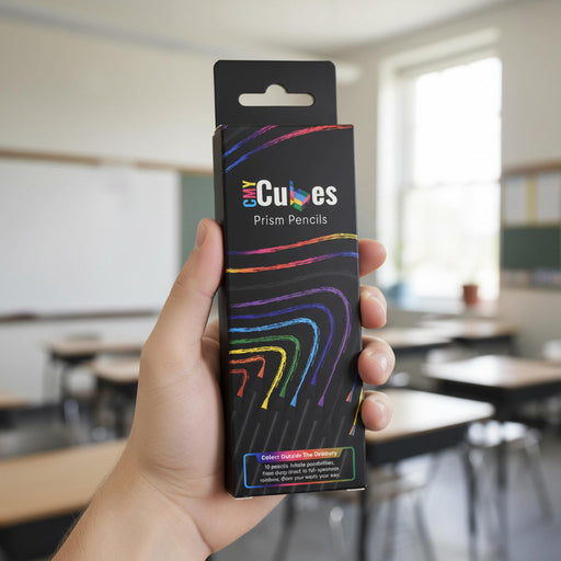 A hand holds a black retail box of 'Prism Pencils' by the brand 'CrayCubes' against a blurred classroom background.