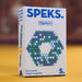 A box of SPEKS. Gigabyte Rare earth fidget magnets, model S, standing on a yellow surface with a blurred brown background.