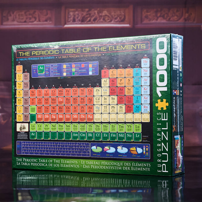 Jigsaw puzzle box featuring the periodic table of elements on a dark background