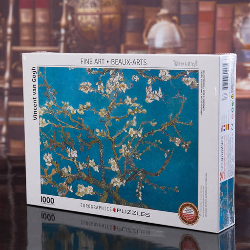 Puzzle box with Van Gogh's 'Almond Blossoms' design on a blurred background
