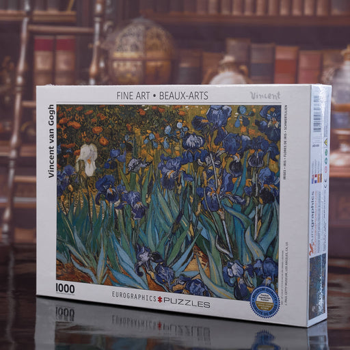 EUROGRAPHICS Jigsaw puzzle box featuring Van Gogh's 'Irises' in a library setting