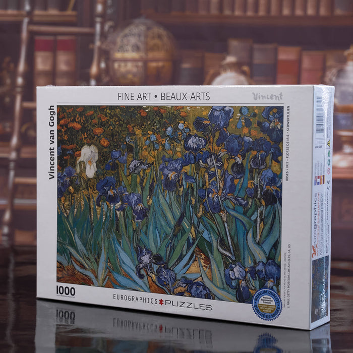 EUROGRAPHICS Jigsaw puzzle box featuring Van Gogh's 'Irises' in a library setting