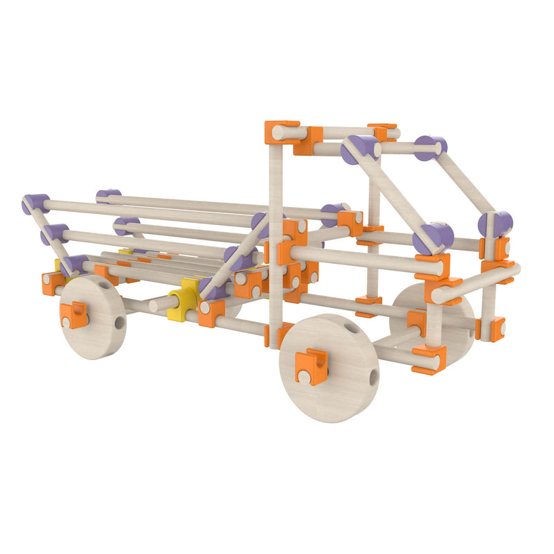 Beaver Vehicles 60-piece collection Wooden mechanical model with colorful connectors on a white background