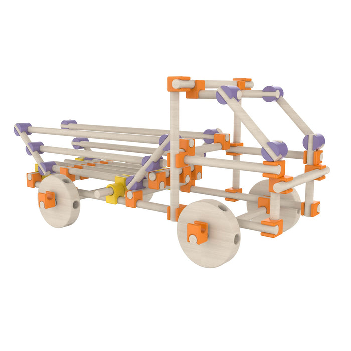 Beaver Vehicles 60-piece collection Wooden mechanical model with colorful connectors on a white background