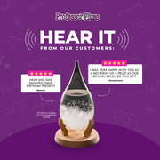 A promotional graphic for a Professor Films 'Hear It From Our Customers' review display. The image features a teardrop-shaped glass teardrop lamp on a wooden stand, with two white review cards showing customer testimonials on a purple background with faint chemistry formulas.