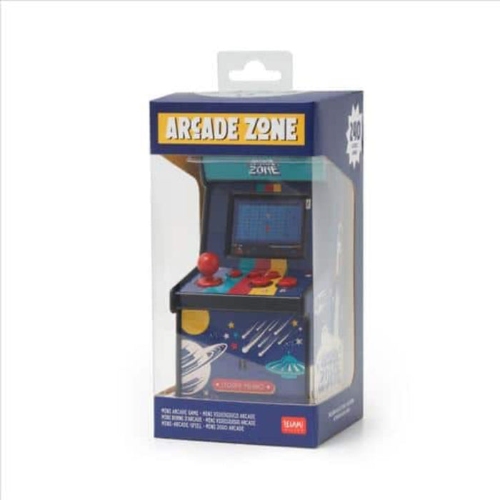 A mini arcade game machine with a blue, red, and gray color scheme, packaged in a box with a clear viewing window showing the product. The box is labeled 'Arcade Zone'.