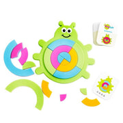 Colorful Bugzzle puzzle toy shaped like a green alien with missing pieces on a white background