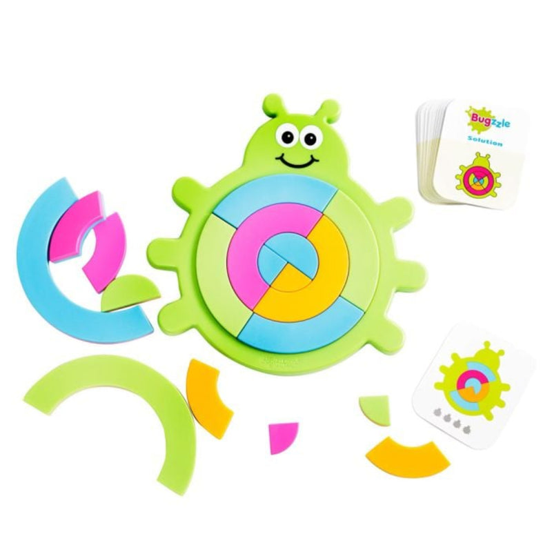 Colorful Bugzzle puzzle toy shaped like a green alien with missing pieces on a white background