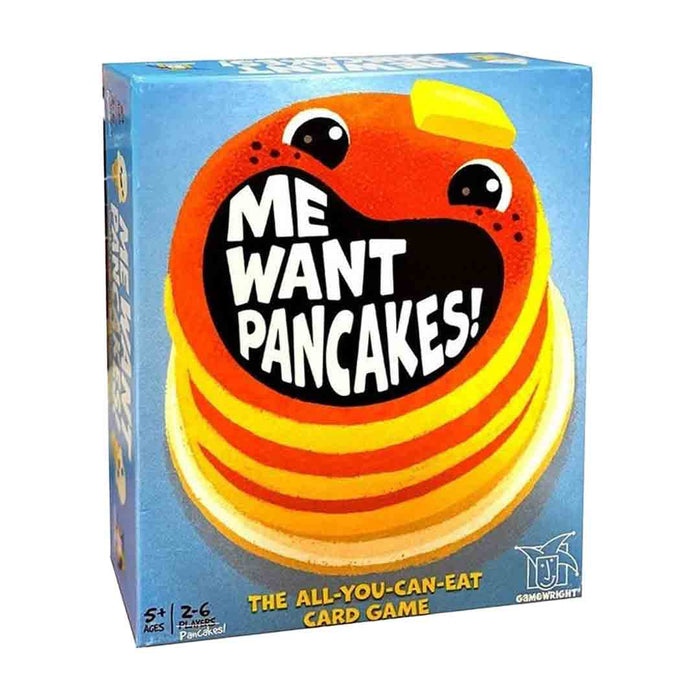 Box of 'Me Want Pancakes!' card game with cartoon pancake design on a blue background