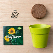 A flat-lay of a giant sunflower gardening kit on a light wood background, including a bright green plastic pot, a round brown coir plug, scattered sunflower seeds, and an instruction book.