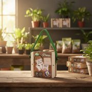 Mrs green flower press box with a green handle stands on a rustic wooden table in a warm, sunlit room filled with potted plants. The front of the box is decorated with illustrations of playing cards and the word 'Press'.